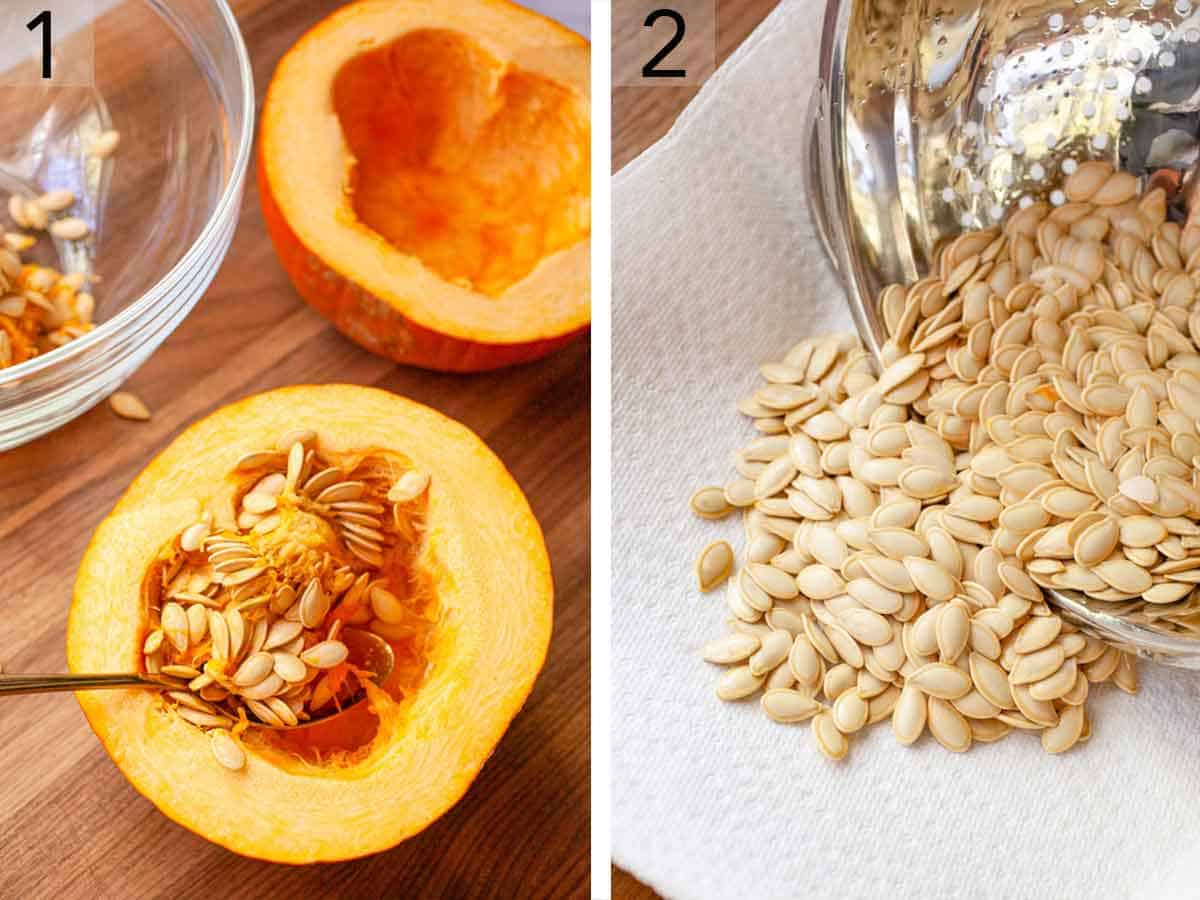 Set of two photos showing the seeds scooped out of a pumpkin and spread onto a paper towel.