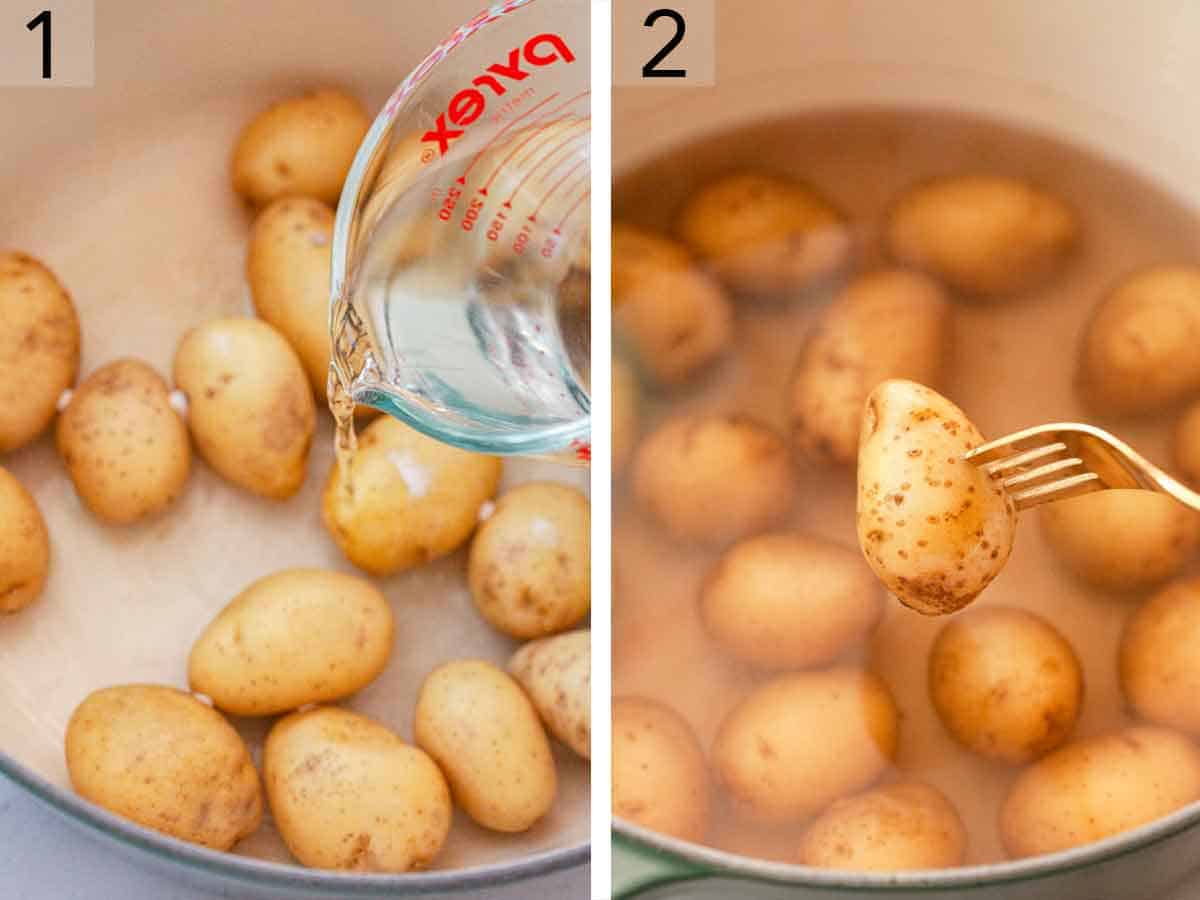 Set of two photos showing water added to a pot of baby potatoes then boiled til fork tender.