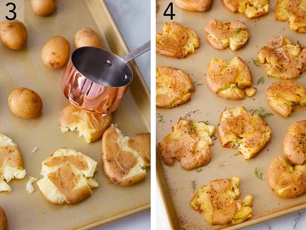 Set of two photos showing the potatoes being pressed down with a measuring cup then garnished.