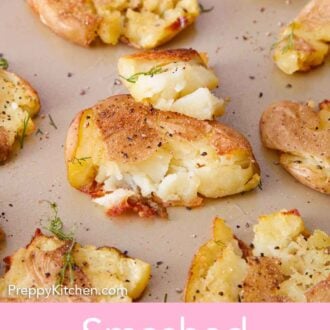Pinterest graphic of a closer view of a smashed potato on a sheet pan with more around it.