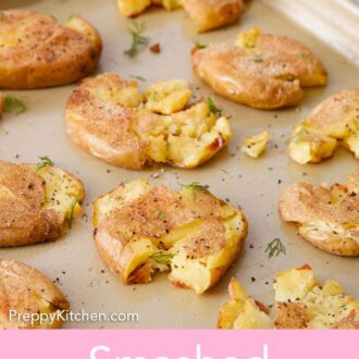 Pinterest graphic of a sheet pan of smashed potatoes with freshly chopped dill garnish.