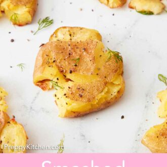 Pinterest graphic of an overhead view of a smashed potato with more off to the side.