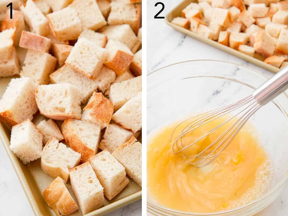 Set of two photos showing bread cubed and egg mixture whisked.