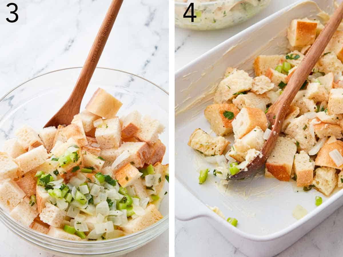 Set of two photos showing onions, herbs, and celery added to the bowl of bread and then added to a baking dish.