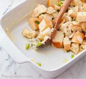Pinterest graphic of stuffing being scooped into a baking dish.