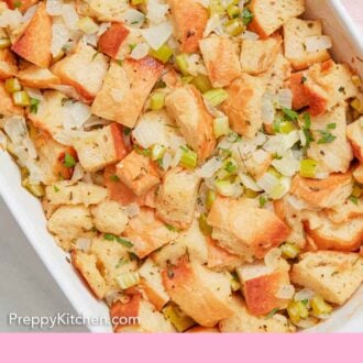 Pinterest graphic of an overhead view of stuffing in a baking dish.