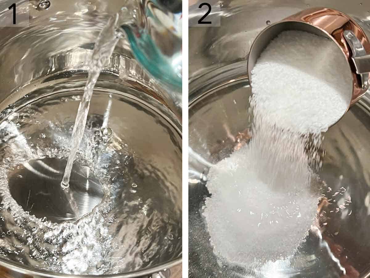 Set of two photos showing water and salt added to a pot.