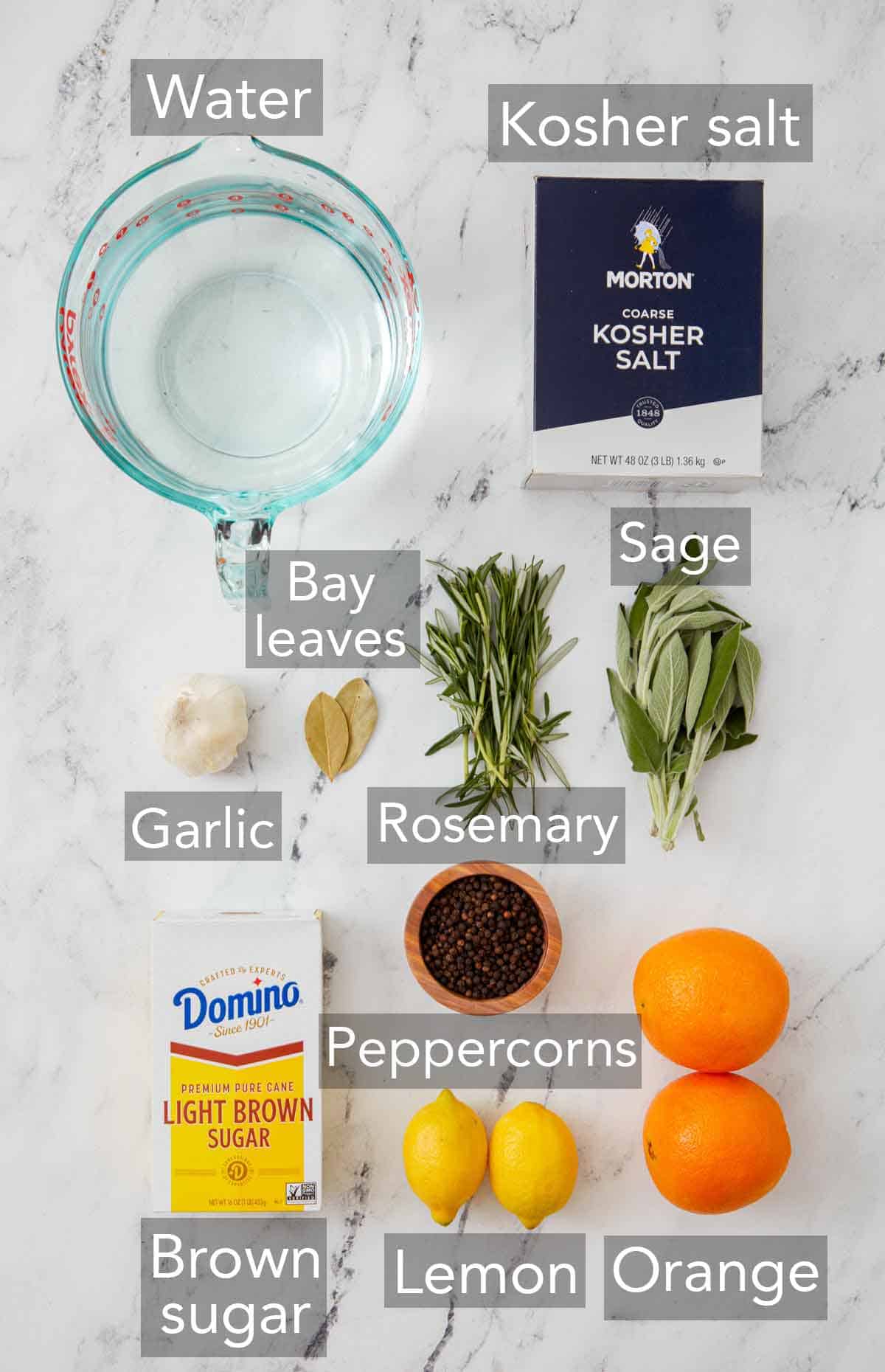 Ingredients needed to make turkey brine.