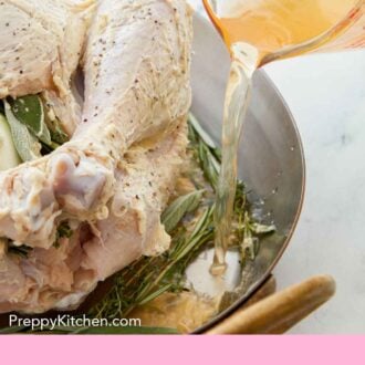 Pinterest graphic of turkey brine poured into a pot with herbs and a turkey.