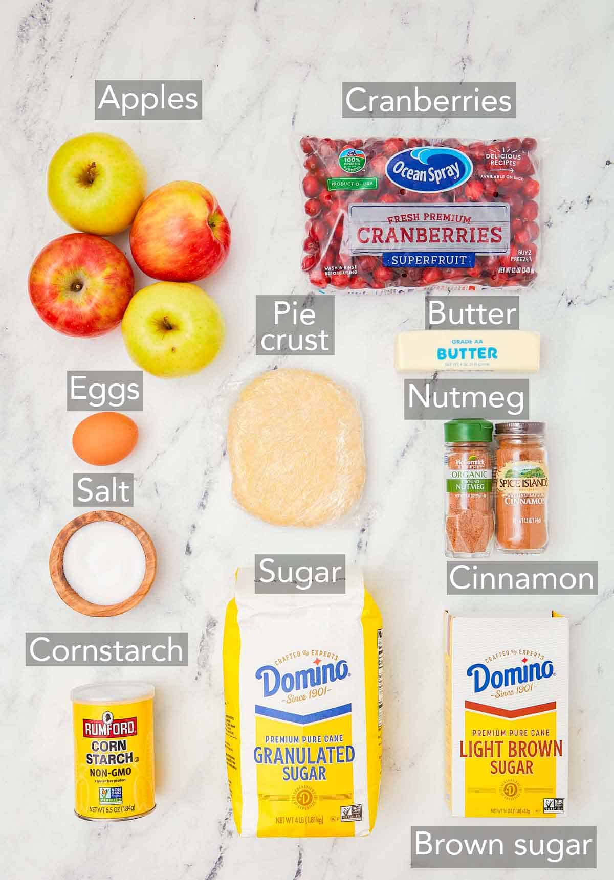 Ingredients needed to make apple cranberry pie.
