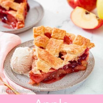 Pinterest graphic of a plate with a slice of apple cranberry pie with a scoop of ice cream with a second plate of pie in the background.