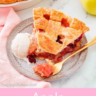 Pinterest graphic of a plate with a scoop of ice cream beside a slice of apple cranberry pie with a piece on a fork.