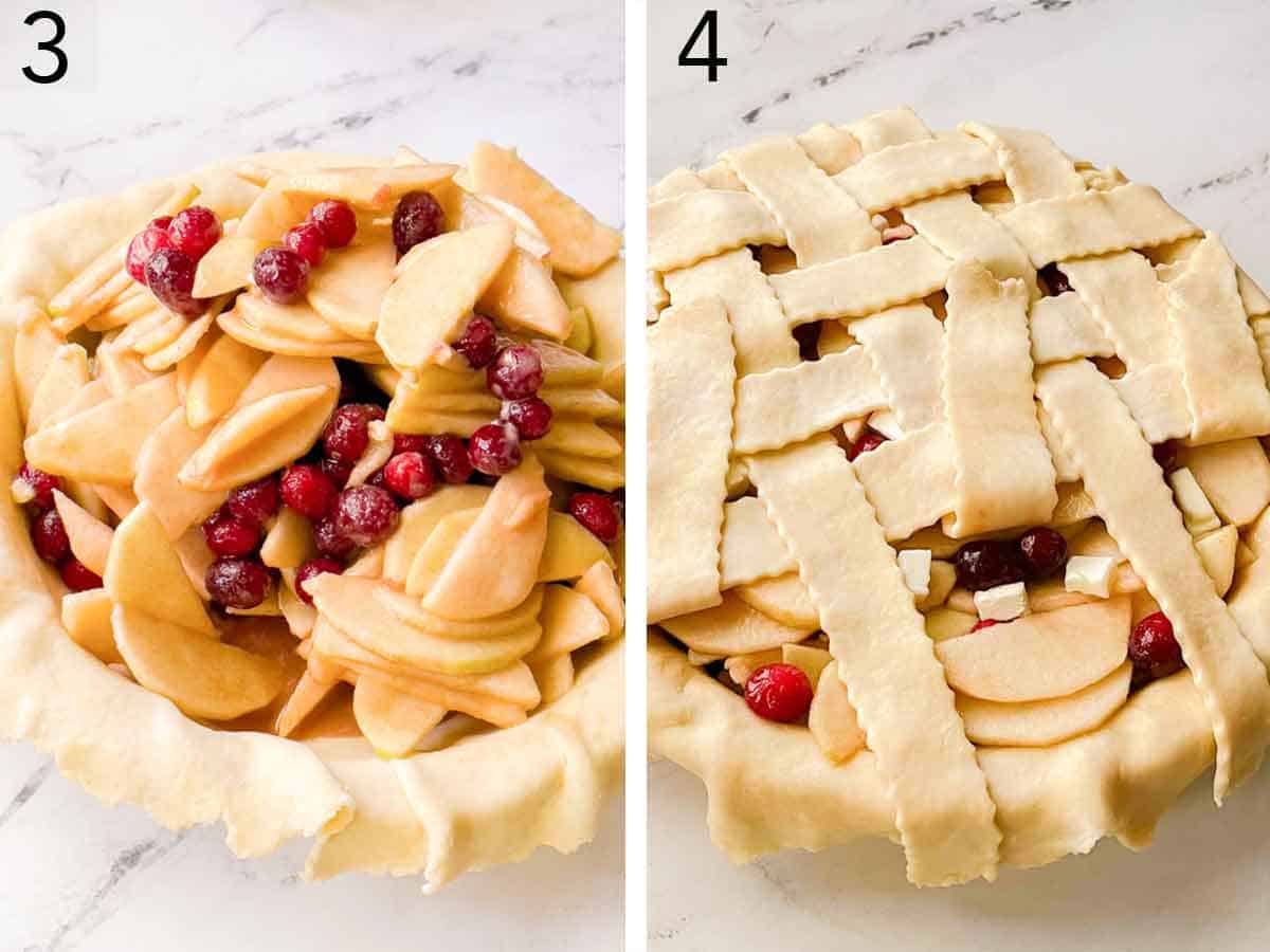 Set of two photos showing fruit added to the crust and pie lattice placed on top.