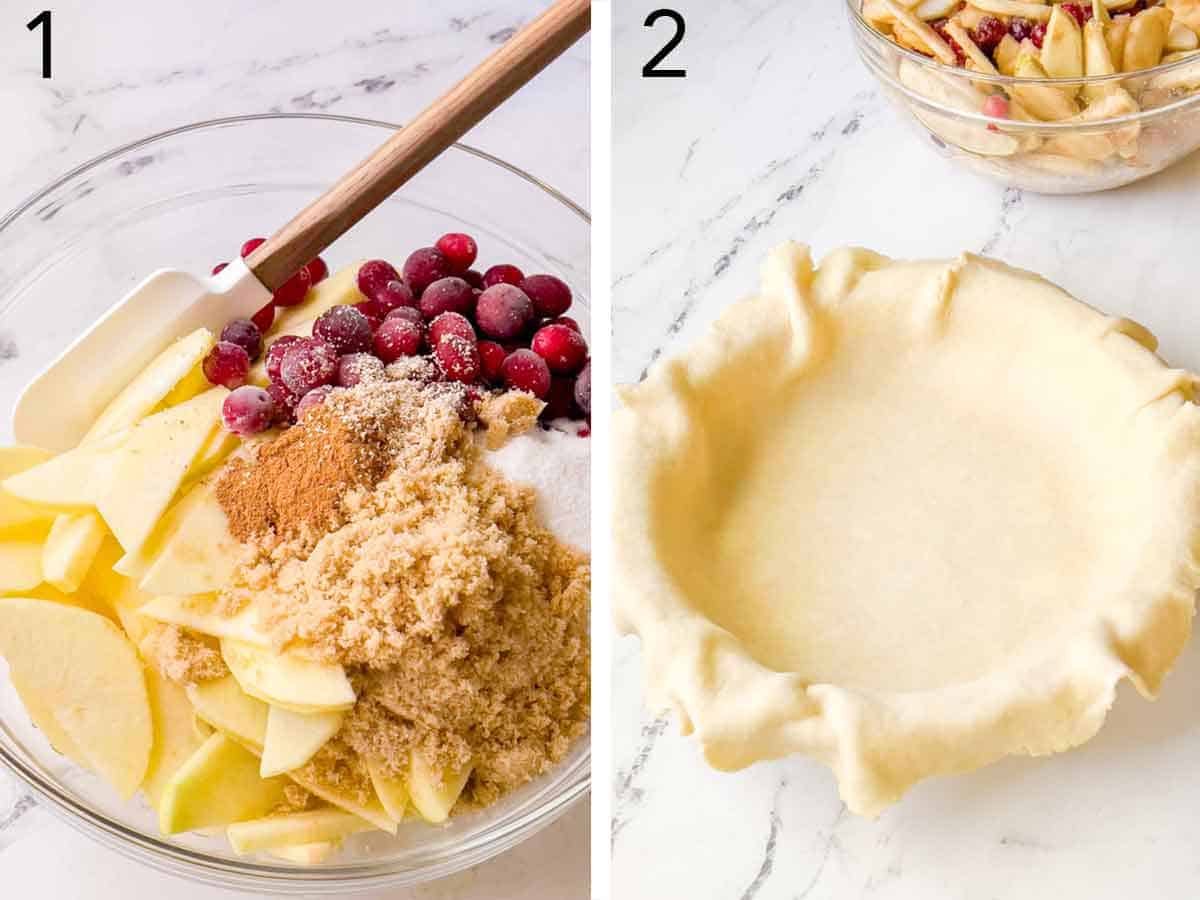 Set of two photos showing fruit and sugar added to a bowl and the crust dough placed in the baking dish.