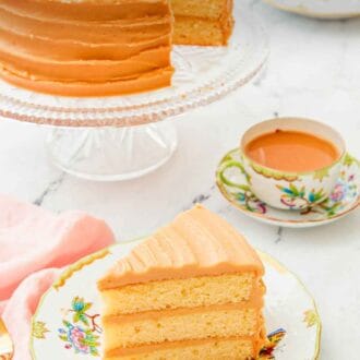 Pinterest graphic of a slice of caramel cake on a plate in front of a cake stand with the rest of the cake.