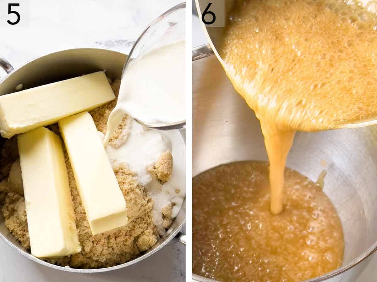 Set of two photos showing milk added to a pot of butter and sugar then caramel poured into a mixing bowl.