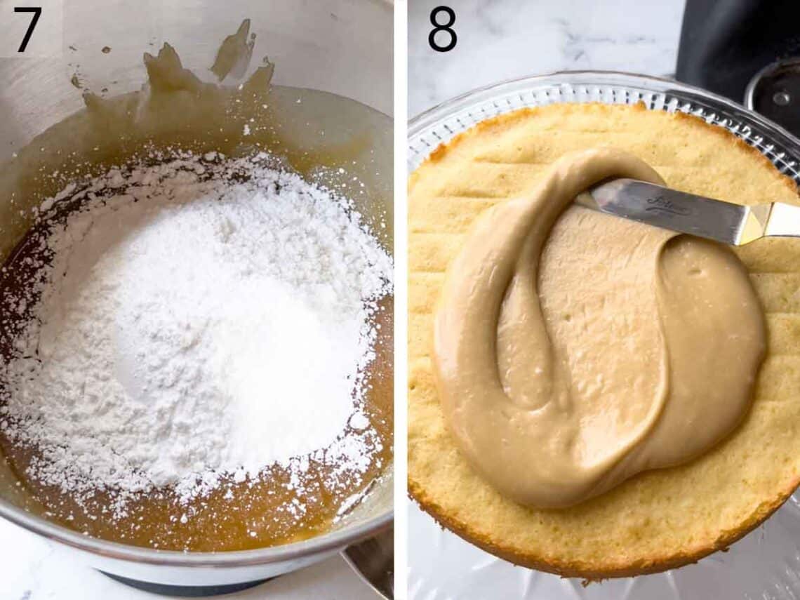 Set of two photos showing powder sugar added to the mixing bowl of sauce then a cake layer frosted.