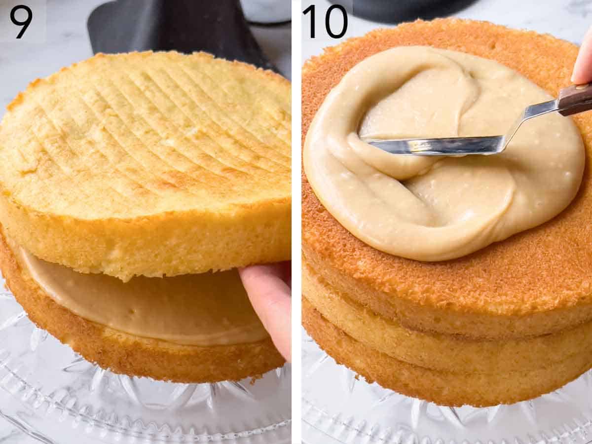 Set of two photos showing layers being assembled and icing spread on top.