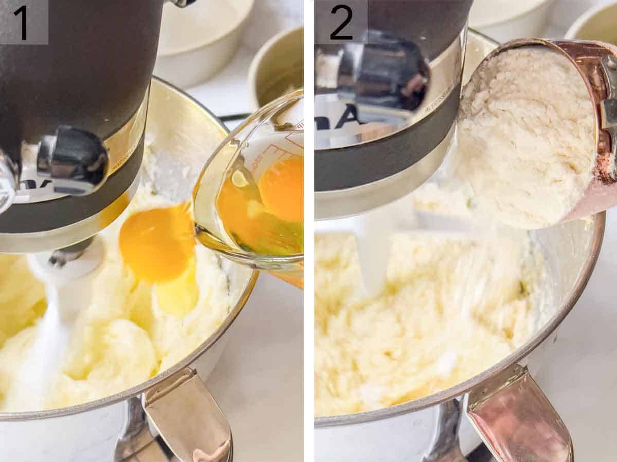 Set of two photos showing eggs and flour added to a mixer.