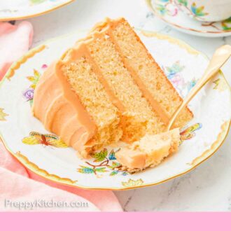Pinterest graphic of a slice of caramel cake on a plate with a bite scooped off on a fork.