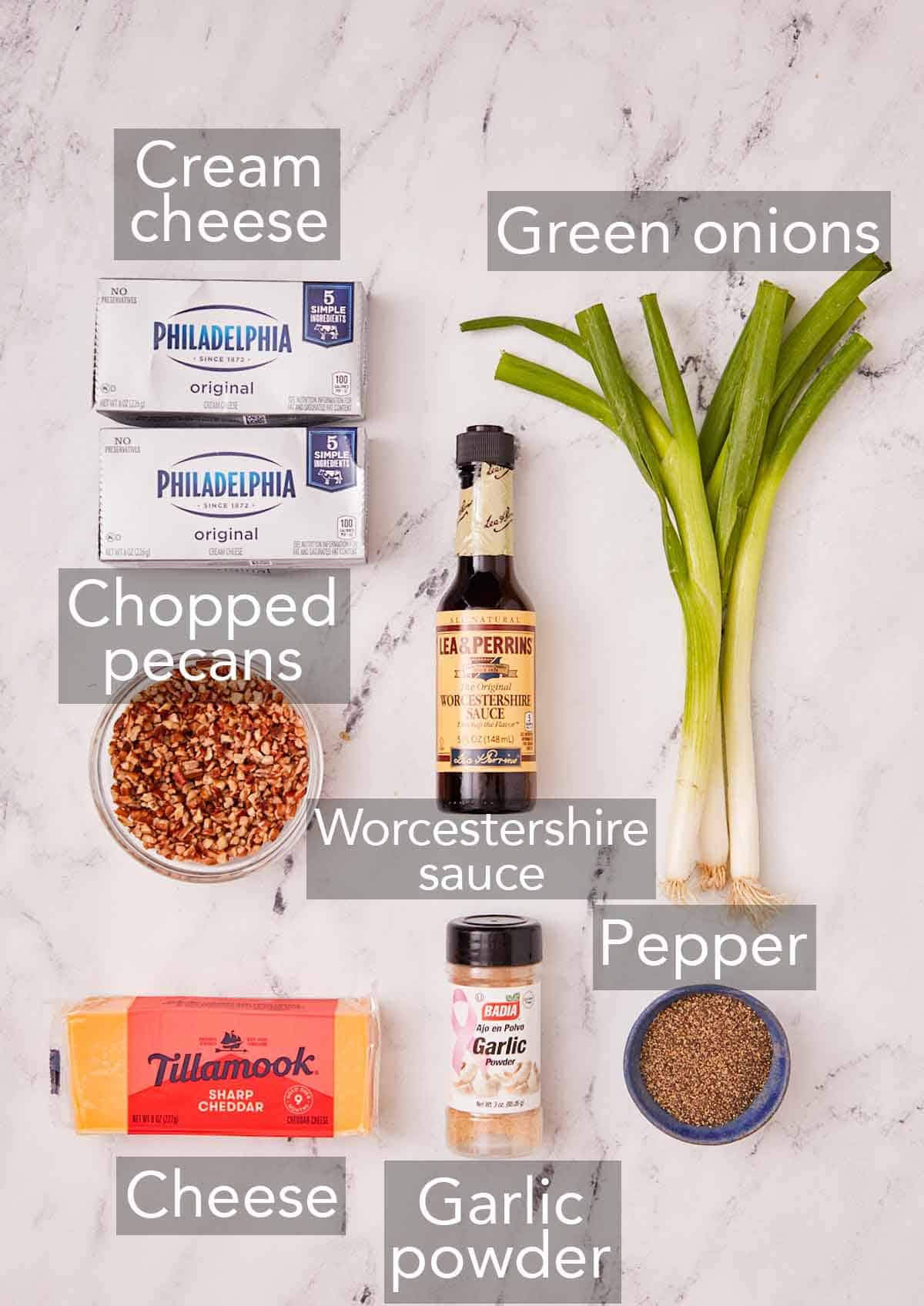 Ingredients needed to make a cheese ball.