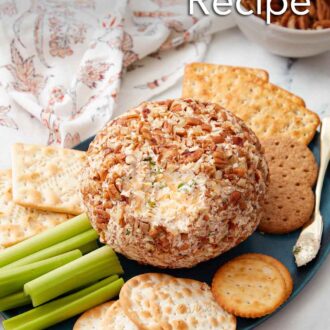 Pinterest graphic of a cheese ball with a portion scooped off with crackers and celery around it.