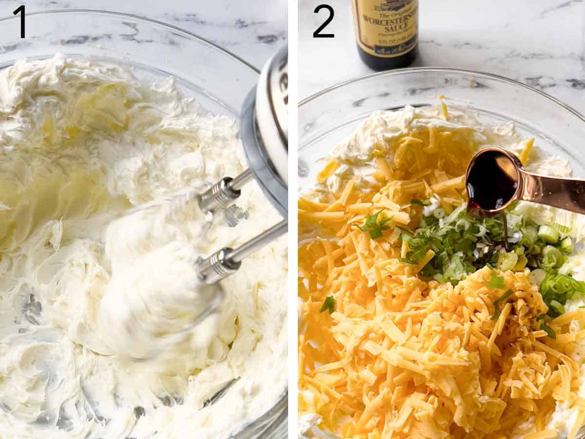 Set of two photos showing cream cheese whipped and cheese, green onions, and Worcestershire sauce added to it.