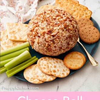 Pinterest graphic of a platter with a cheese ball coated in pecans and crackers and celery surrounding it.