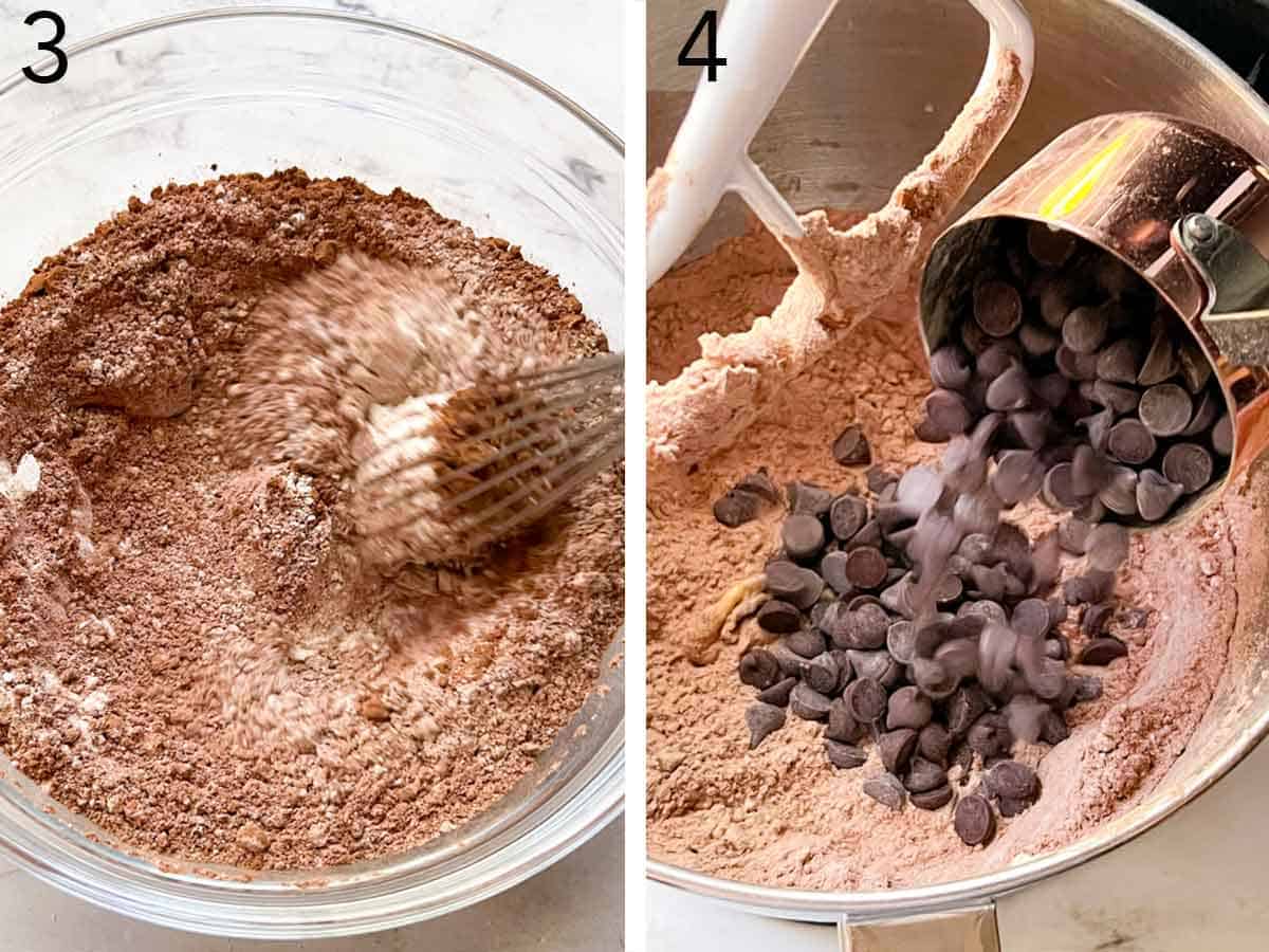 Set of two photos showing dry ingredients whisked together and chocolate chips added to the mixer.