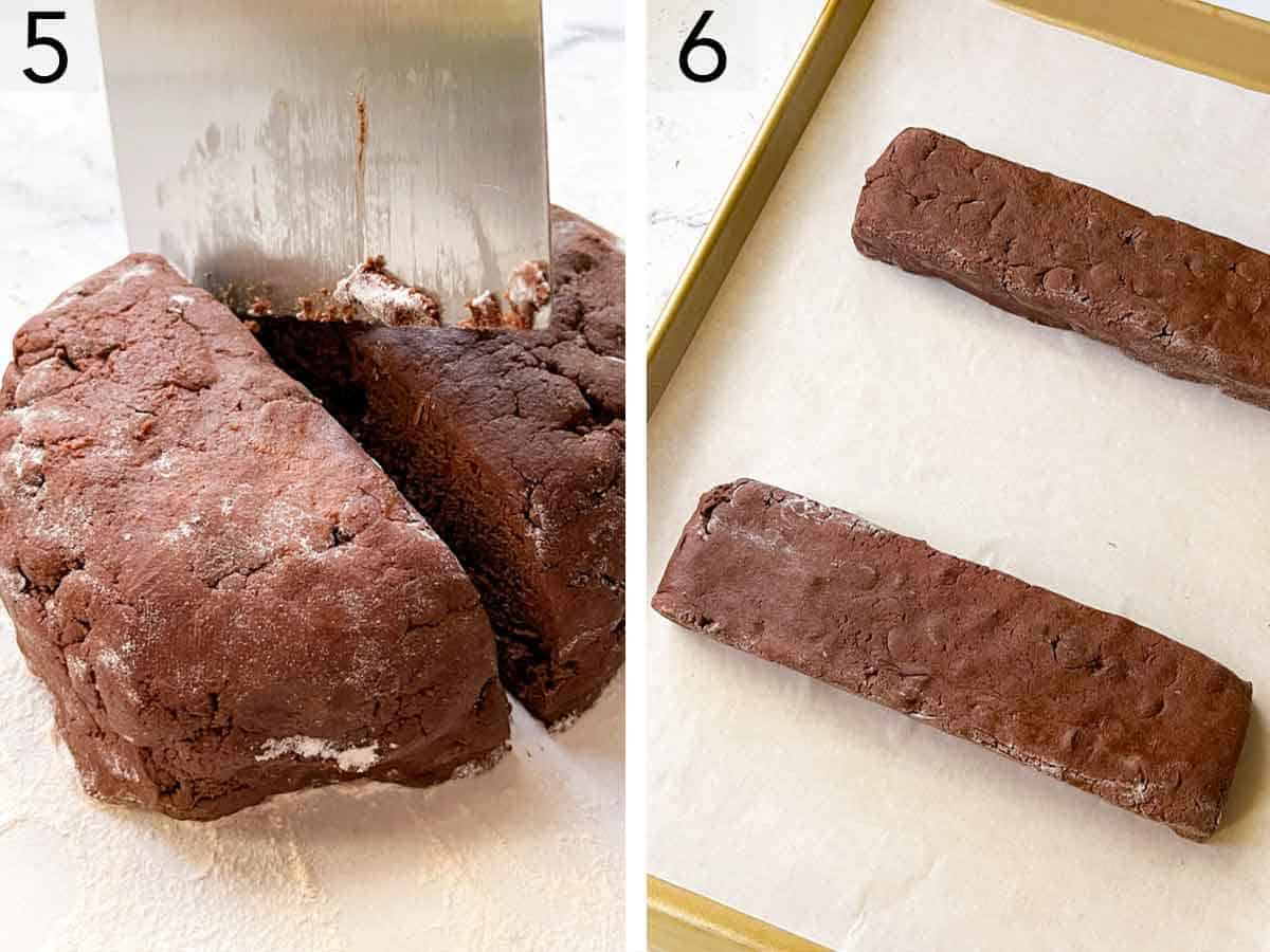 Set of two photos showing a formed dough cut in half and shaped into long rectangles.