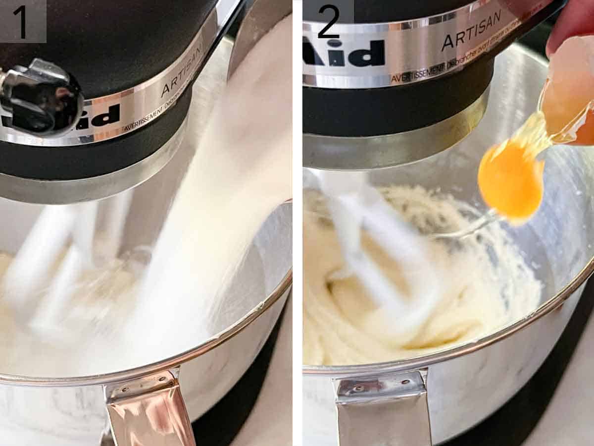Set of two photos showing sugar and and egg added to a running mixer.