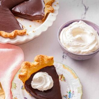 Pinterest graphic of a slice of chocolate pie with a bowl of whipped cream and the rest of the pie off to the side.