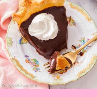 Pinterest graphic of a slice of chocolate pie with a dollop of whipped cream and a bite on a fork.