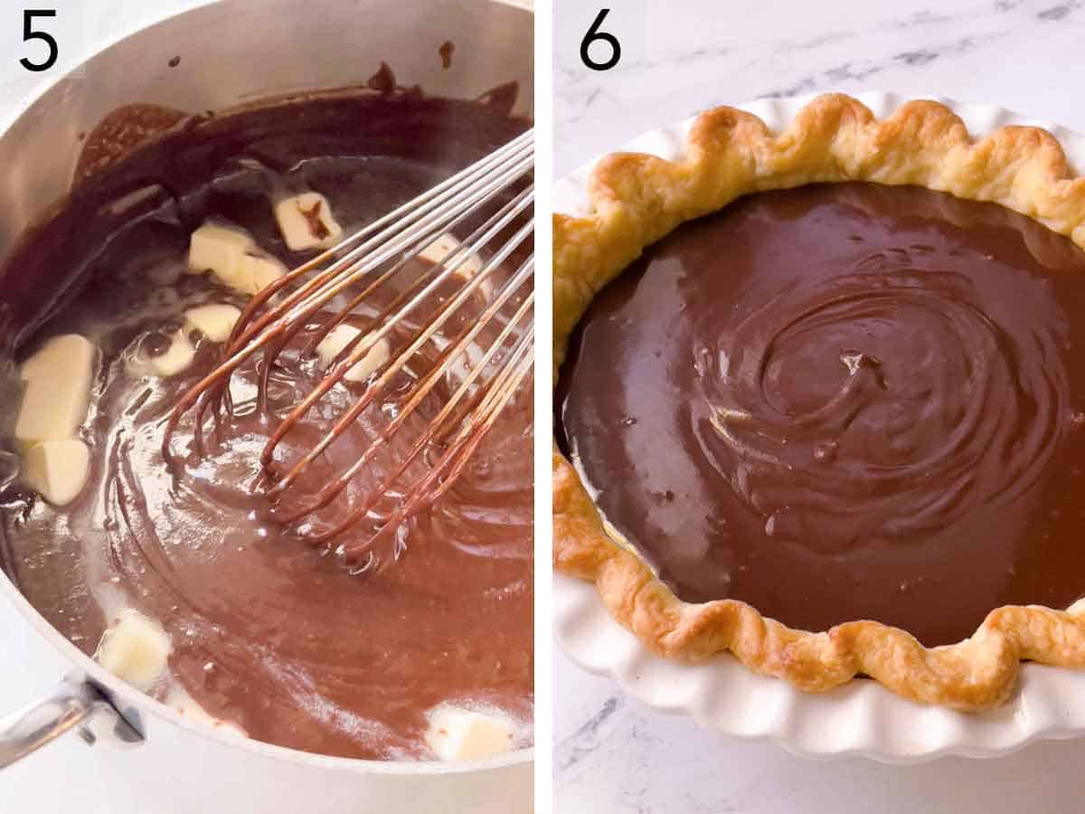 Set of two photos showing butter added to the chocolate mixture then added to the pie crust.