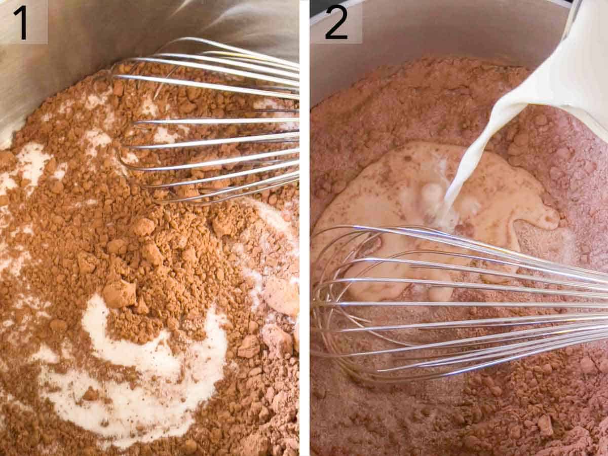 Set of two photos showing dry ingredients whisked together and milk added.