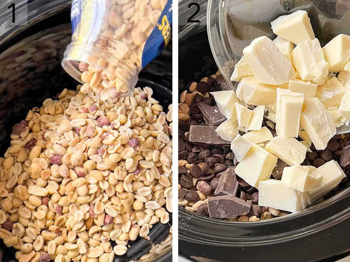 Set of two photos showing peanuts then almond bark added to a slow cooker.