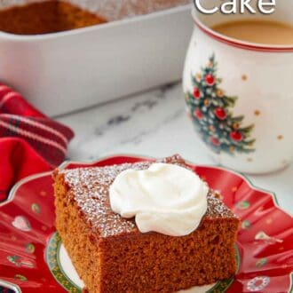 Pinterest graphic of a red plate with a slice of gingerbread cake with a mug of coffee and additional cake in the background.