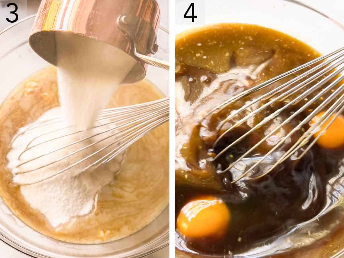 Set of two photos showing sugar and eggs whisked into the bowl of molasses.