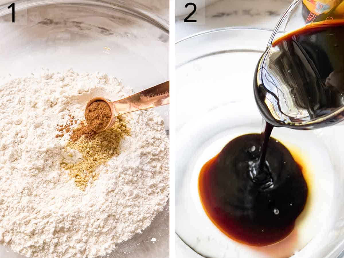 Set of two photos showing spices added to flour and molasses poured into a bowl.
