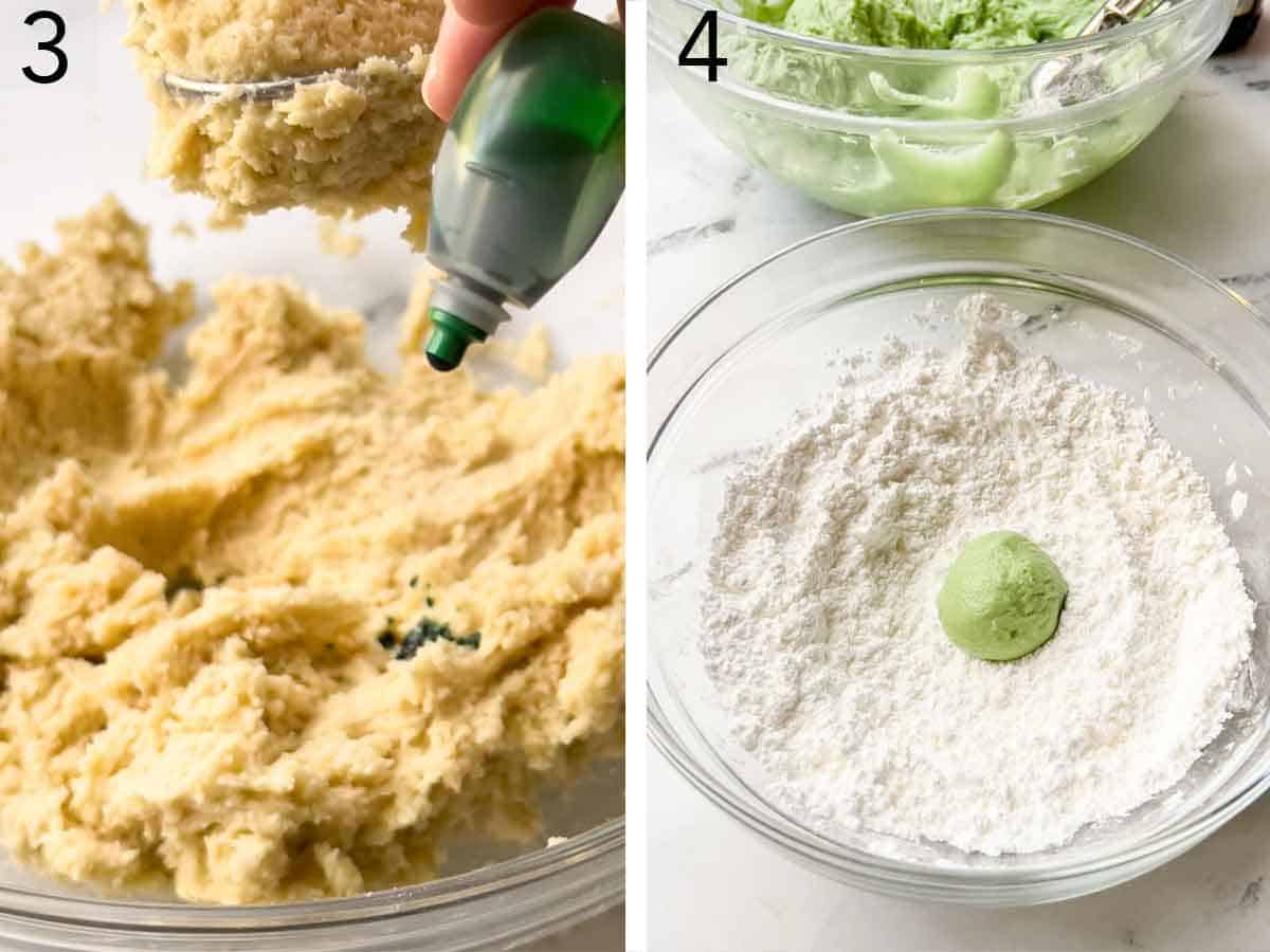 Set of two photos showing green food coloring added to the bowl of batter and then a dough ball tossed in powdered sugar and cornstarch.