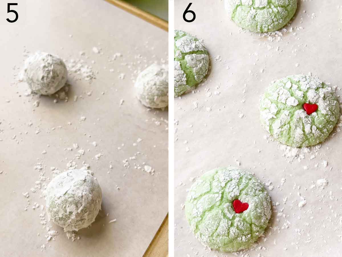 Set of two photos showing dough balls placed on a lined sheet pan and a heart sprinkle pressed in each of them once baked.