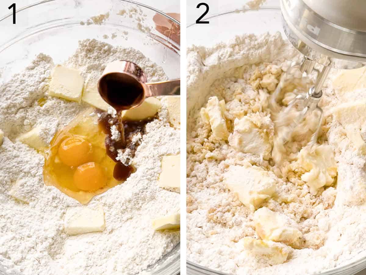 Set of two photos showing batter ingredients added to a bowl and mixed.
