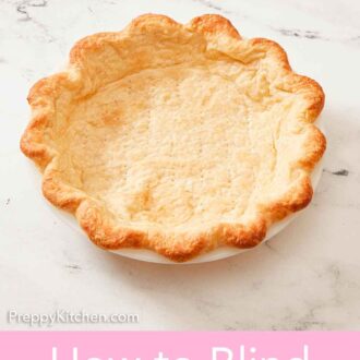 Pinterest graphic of a blind baked pie crust in a white dish.