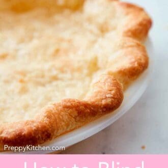 Pinterest graphic of a close view of the edge of a blind baked pie crust.