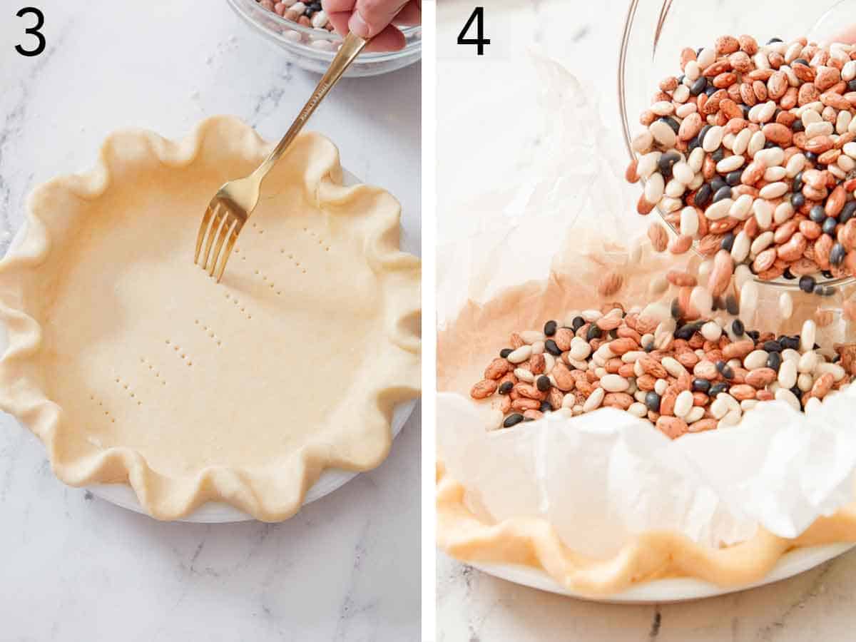 Set of two photos showing the dough docked with a fork and dried beans added to the crust.