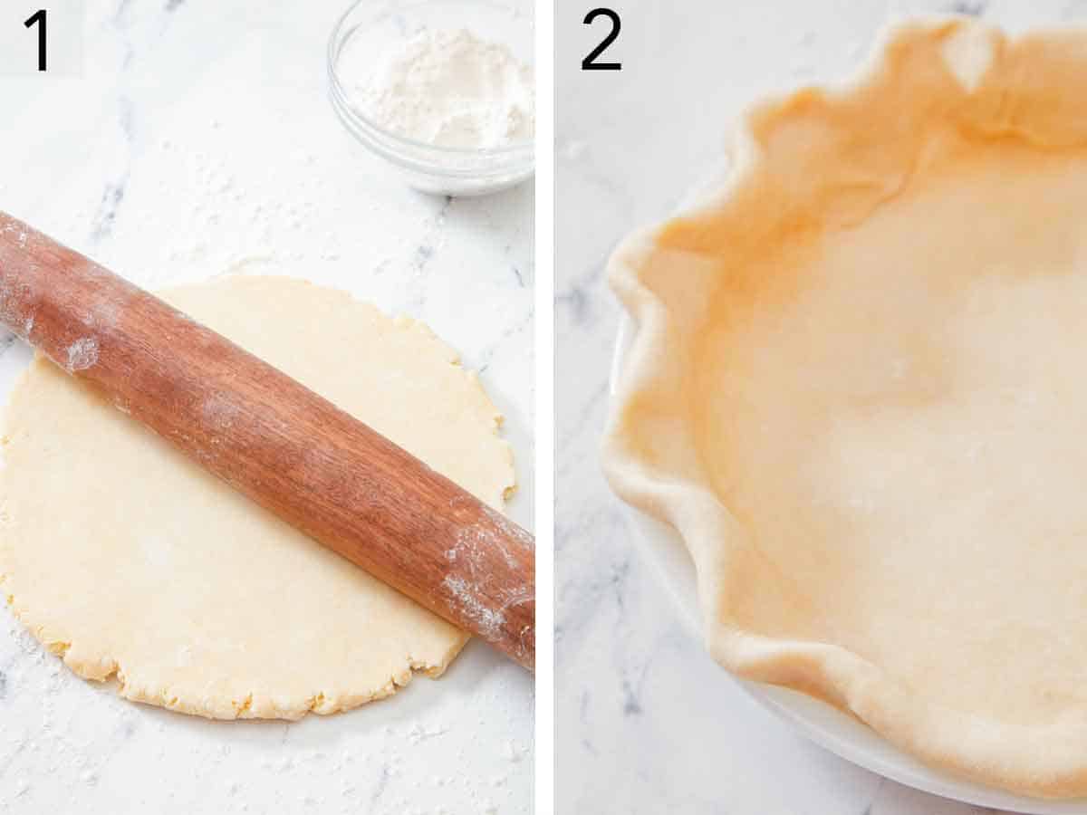 Set of two photos showing dough rolled out and placed into a baking dish.