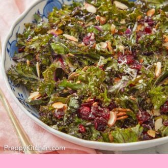 Pinterest graphic of a large bowl of kale salad.