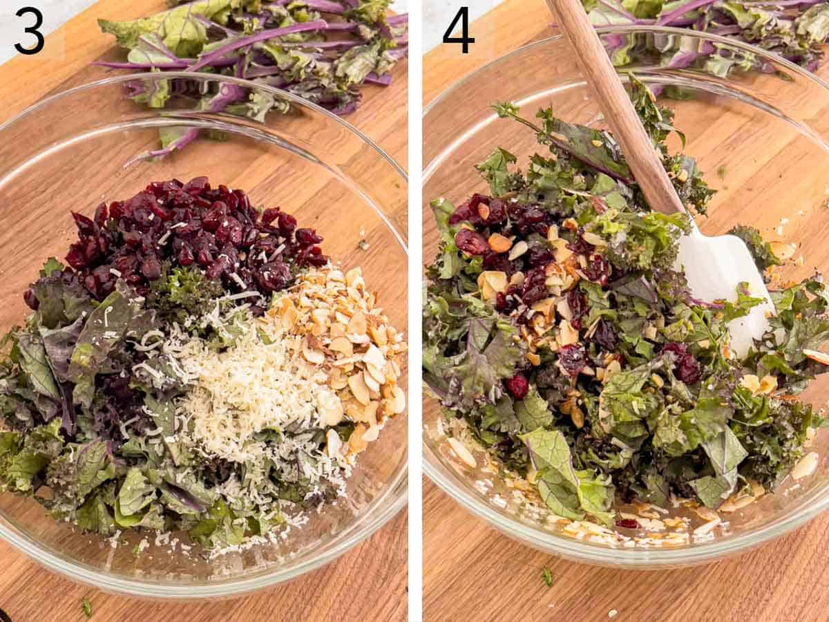 Set of two photos showing all the ingredients added to a bowl and mixed together.