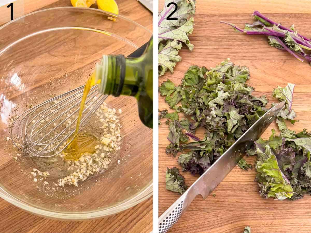 Set of two photos showing oil poured into a bowl with garlic and then a knife cutting kale.