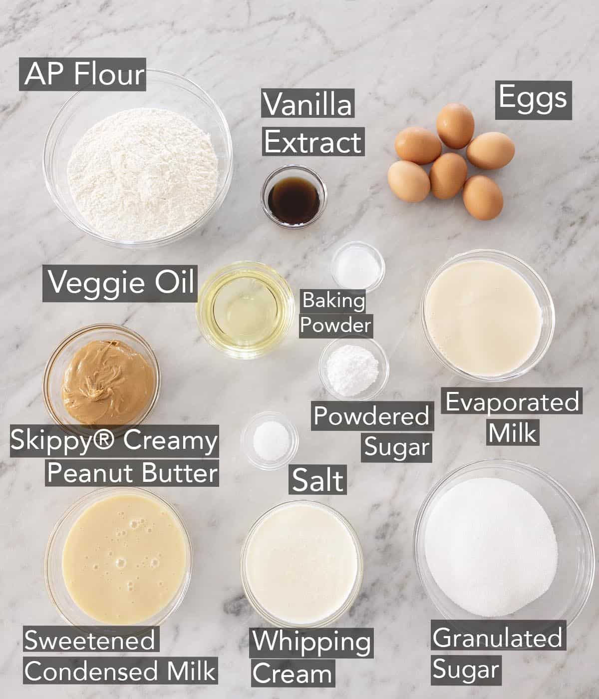Ingredients needed to make a peanut butter tres leches cake.
